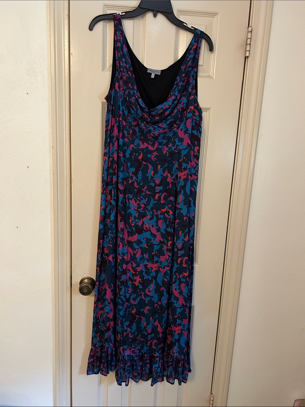 Anthropologie Navy Maxi Dress with Pink & Teal Abstract Print